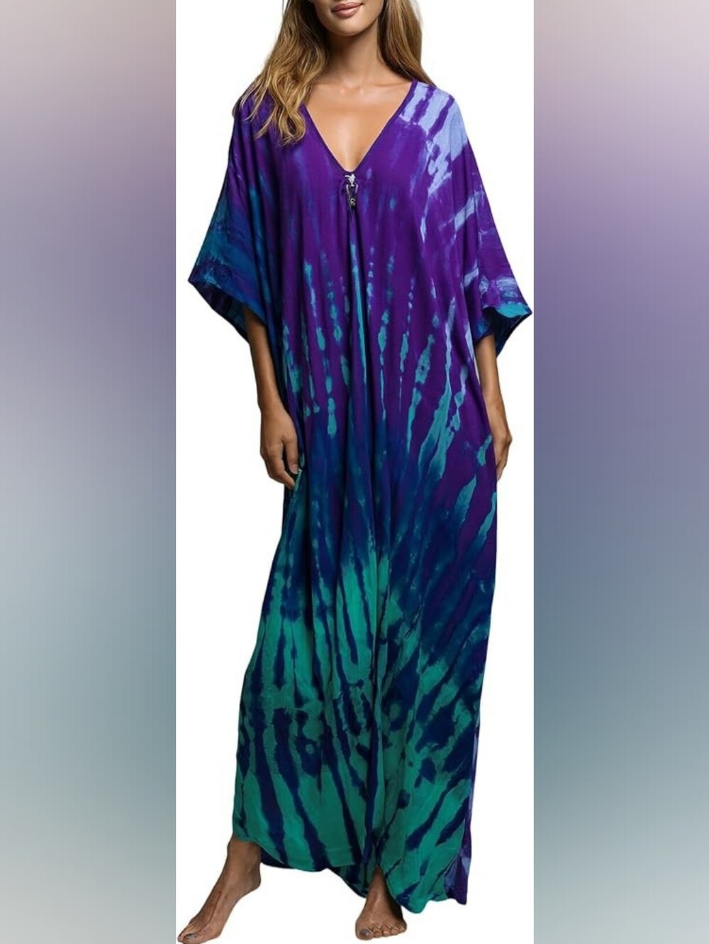 Maxi Kaftan Dress, V Neck Flowy Cover Up for Travel & Casual Loose Fit